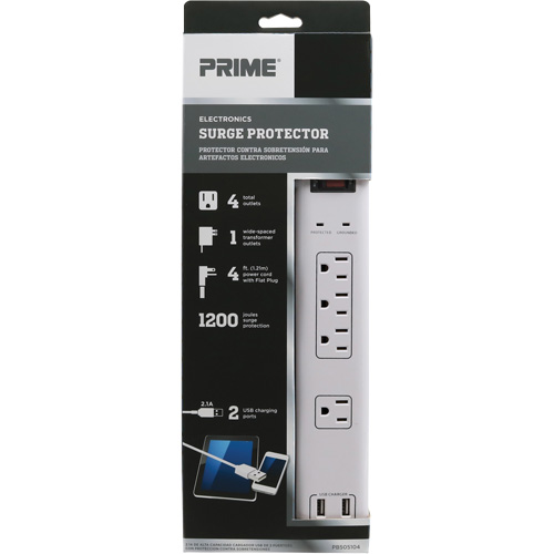 Limiteurs de surtension avec chargeur USB, 4 Prises, 1200 J, 1875 W, Cordon 4' Fastek