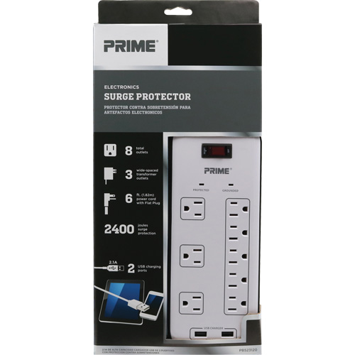 Limiteurs de surtension avec chargeur USB, 8 Prises, 2400 J, 1875 W, Cordon 6' Fastek