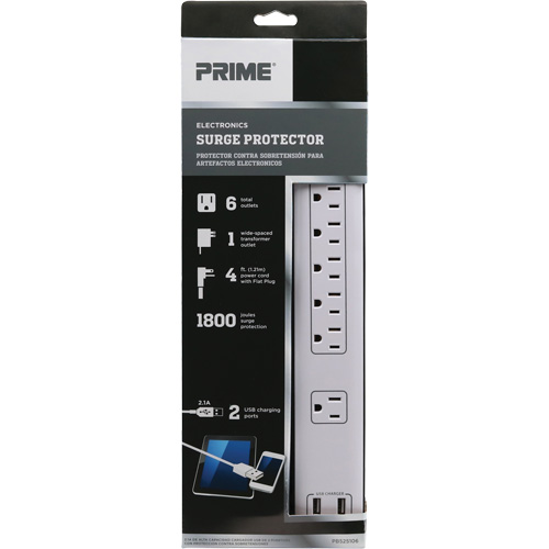 USB Charging Surge Protectors, 6 Outlets, 1800 J, 1875 W, 4' Cord Fastek