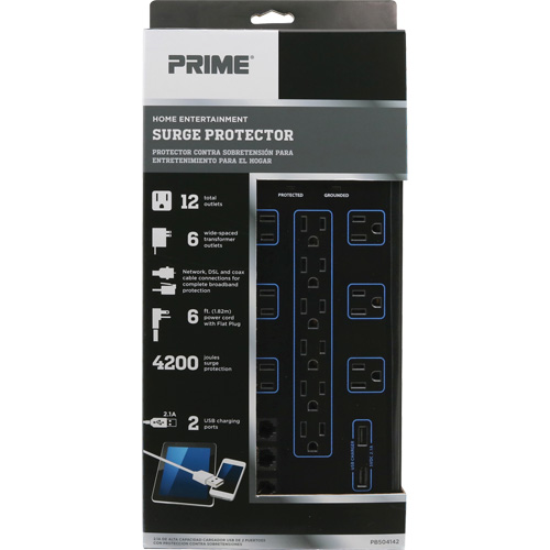 USB Charging Surge Protectors, 12 Outlets, 4200 J, 1875 W, 6' Cord Fastek
