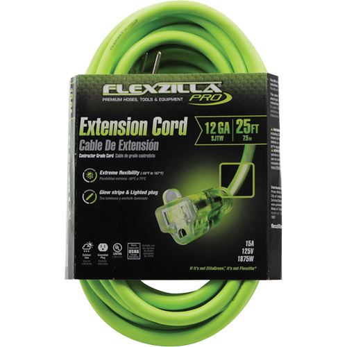 Flexzilla&reg; Pro Industrial Extension Cord, All-Weather, SJTW, 12/3 AWG, 15 A, 25' Fastek