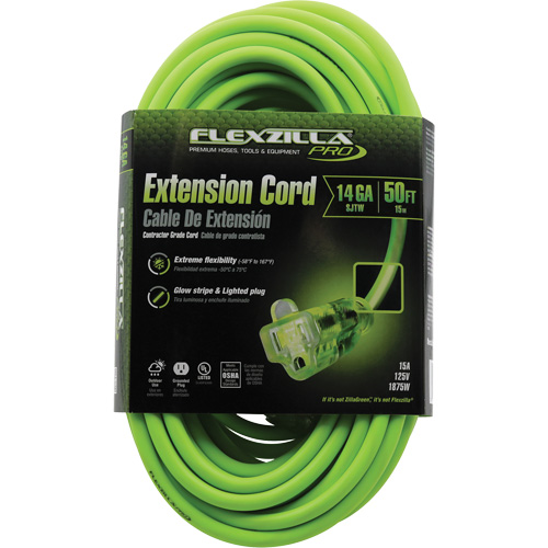Flexzilla&reg; Pro Industrial Extension Cord, All-Weather, SJTW, 14/3 AWG, 15 A, 50' Fastek