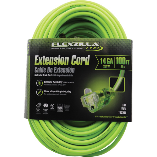 Flexzilla&reg; Pro Industrial Extension Cord, All-Weather, SJTW, 14/3 AWG, 15 A, 100' Fastek