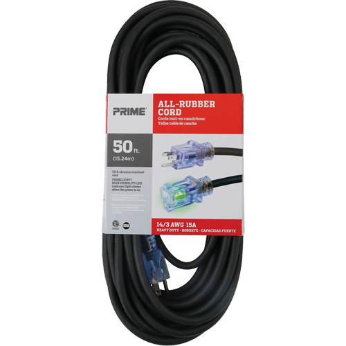 All-Rubber Extension Cord, Outdoor, SJOOW, 14/3 AWG, 15 A, 50' Fastek