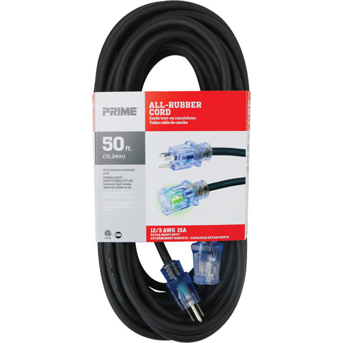 All-Rubber Extension Cord, Outdoor, SJOOW, 12/3 AWG, 15 A, 50' Fastek