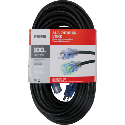 All-Rubber Extension Cord, Outdoor, SJOOW, 12/3 AWG, 15 A, 100' Fastek