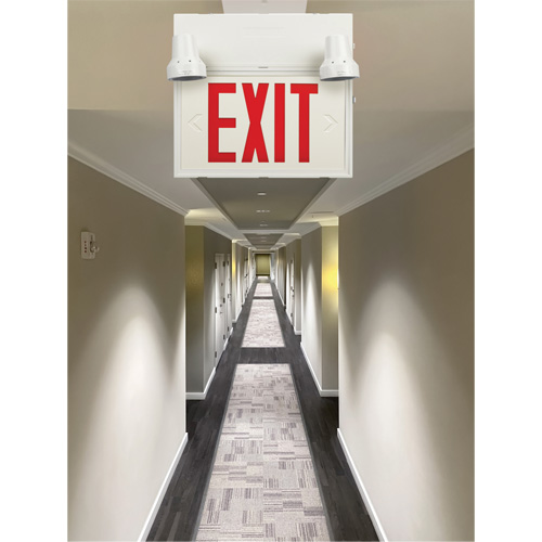 Exit Sign with Security Lights, LED, Battery Operated/Hardwired, 12-1/10" L x 11" W, English Fastek