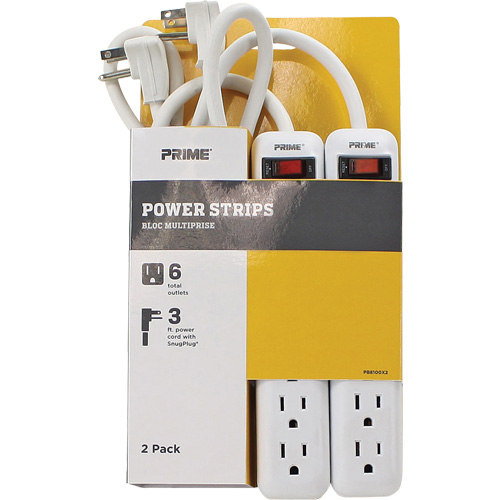 Power Strip 2-Pack, 6 Outlet(s), 3', 15 A, 1875 W, 125 V Fastek