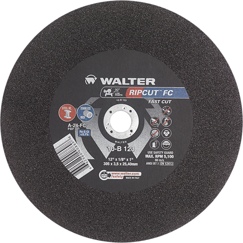 Ripcut Stainless Steel & Steel Cut-Off Wheel for Stationary Saws, 12" x 1/8", 1" Arbor, Type 1, Aluminum Oxide, 5100 RPM Fastek