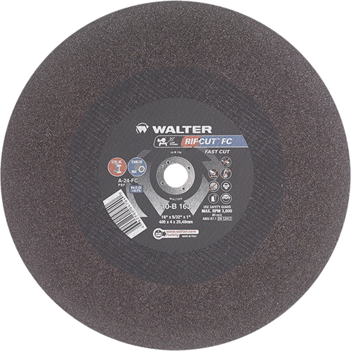 Ripcut Stainless Steel & Steel Cut-Off Wheel for Stationary Saws, 16" x 5/32", 1" Arbor, Type 1, Aluminum Oxide, 3800 RPM Fastek