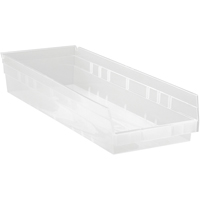 Shelf Bins, 8-3/8" W x 4" H x 23-5/8" D, Clear, 50 lbs. Capacity Fastek