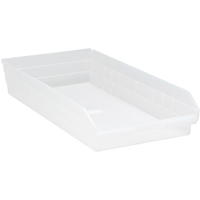 Shelf Bins, 11-1/8" W x 4" H x 23-5/8" D, Clear, 50 lbs. Capacity Fastek