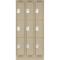 Clean Line Lockers, 3 -tier, Bank of 3, 36" x 18" x 76", Steel, Beige, Rivet (Assembled) Fastek