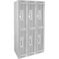 Clean Line Lockers, 2 -tier, Bank of 3, 36" x 15" x 72", Steel, Grey, Rivet (Assembled), Perforated Fastek