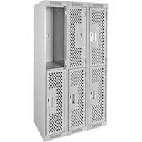 Clean Line Lockers, 2 -tier, Bank of 3, 36" x 15" x 72", Steel, Grey, Rivet (Assembled), Perforated Fastek