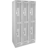 Clean Line Lockers, 2 -tier, Bank of 3, 36" x 15" x 76", Steel, Grey, Rivet (Assembled), Perforated Fastek