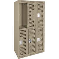 Clean Line Lockers, 2 -tier, Bank of 3, 36" x 15" x 72", Steel, Beige, Rivet (Assembled), Perforated Fastek