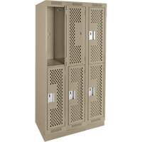 Clean Line Lockers, 2 -tier, Bank of 3, 36" x 15" x 76", Steel, Beige, Rivet (Assembled), Perforated Fastek