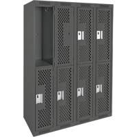Clean Line Lockers, 2 -tier, Bank of 4, 48" x 15" x 72", Steel, Charcoal, Rivet (Assembled), Perforated Fastek