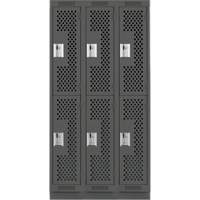 Clean Line Lockers, 2 -tier, Bank of 3, 36" x 15" x 76", Steel, Charcoal, Rivet (Assembled), Perforated Fastek