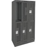 Clean Line Lockers, 2 -tier, Bank of 3, 36" x 15" x 76", Steel, Charcoal, Rivet (Assembled), Perforated Fastek