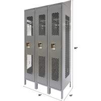Vented Lockers, Bank of 3, 36 x 18" x 88", Steel, Grey, Knocked Down, Perforated Fastek