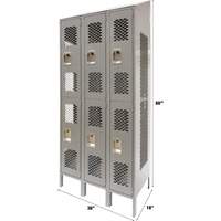 Vented Lockers, 2 -tier, Bank of 3, 36 x 18" x 88", Steel, Grey, Knocked Down, Perforated Fastek