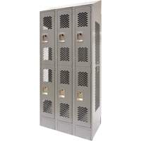 Vented Lockers, 2 -tier, Bank of 3, 36 x 18" x 88", Steel, Grey, Knocked Down, Perforated Fastek