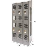 Vented Lockers, 2 -tier, Bank of 3, 36 x 18" x 88", Steel, Grey, Knocked Down, Perforated Fastek