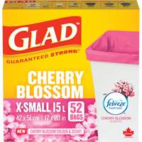 Glad&reg; Cherry Blossom Coloured & Scented Bags, Strong, 17" W x 20" L, Pink, 15 L (3.96 Gal.) Capacity Fastek