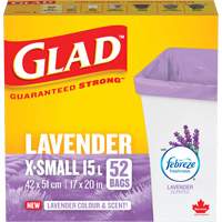 Glad&reg; Lavender Coloured & Scented Bags, Strong, 17" W x 20" L, Purple, 15 L (3.96 Gal.) Capacity Fastek