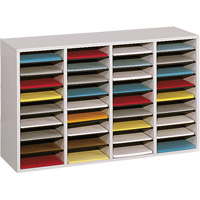 Adjustable Compartment Literature Organizer, Stationary, 36 Slots, Wood, 39-1/4" W x 11-3/4" D x 24" H Fastek
