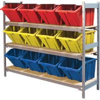 Wide Span Shelving with Jumbo Plastic Bins, Steel, Boltless, 800 lbs. Capacity, 66" W x 60" H x 18" D Fastek