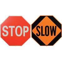 Double-Sided "Stop/Slow" Traffic Control Sign, 18" x 18", Plastic, English with Pictogram Fastek