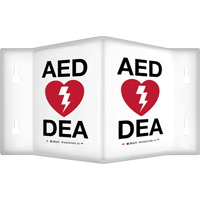90° Projecting "AED/DEA" Sign, 6" x 5", Plastic, Bilingual with Pictogram Fastek