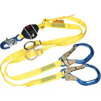 Twin-Leg Tie-Back Web Shock-Absorbing Lanyard, 6', Rebar Hook Center, Snap Hook Leg Ends, Polyester Fastek