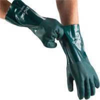 Double Dipped Green Gloves, 14" L, PVC, Cotton Jersey Inner Lining, 70-mil Fastek
