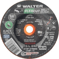 Meule FLEXCUT MILL SCALE, 4-1/2", 36 Grain, Oxyde d'aluminium, 5/8"-11, 13 300 Tr/min, Type 29 Fastek