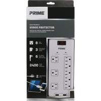 USB Charging Surge Protectors, 8 Outlets, 2400 J, 1875 W, 6' Cord Fastek