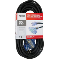 All-Rubber Extension Cord, Outdoor, SJOOW, 12/3 AWG, 15 A, 3 Outlet(s), 50' Fastek